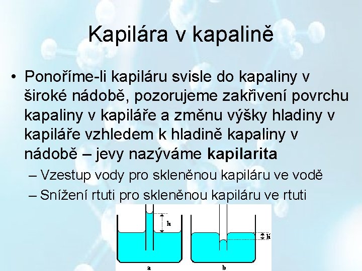 Kapilára v kapalině • Ponoříme-li kapiláru svisle do kapaliny v široké nádobě, pozorujeme zakřivení