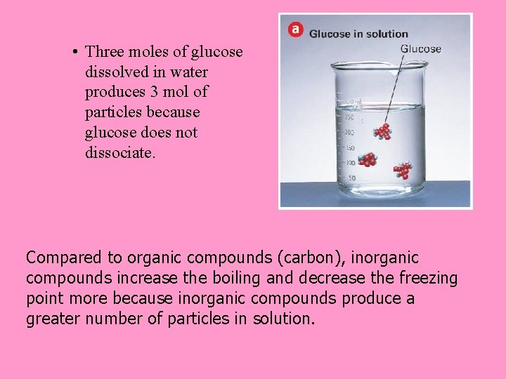  • Three moles of glucose dissolved in water produces 3 mol of particles
