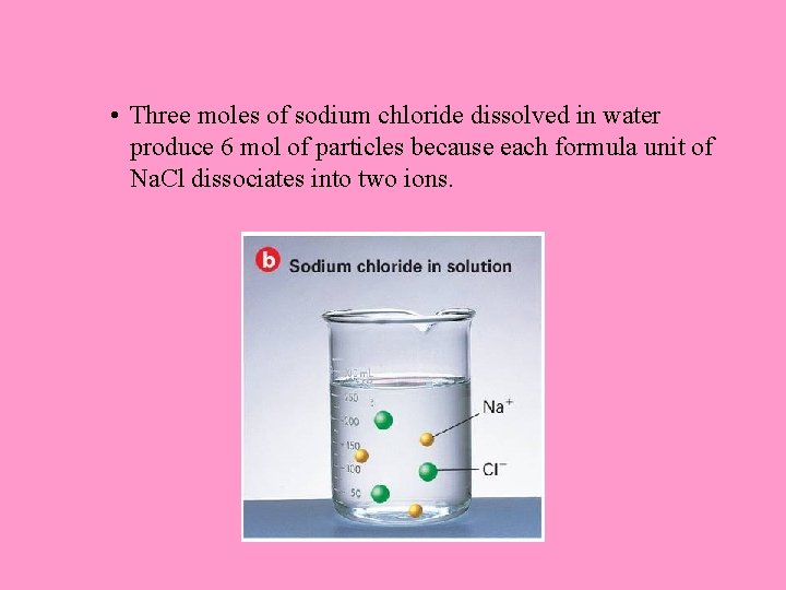  • Three moles of sodium chloride dissolved in water produce 6 mol of