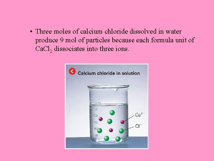  • Three moles of calcium chloride dissolved in water produce 9 mol of