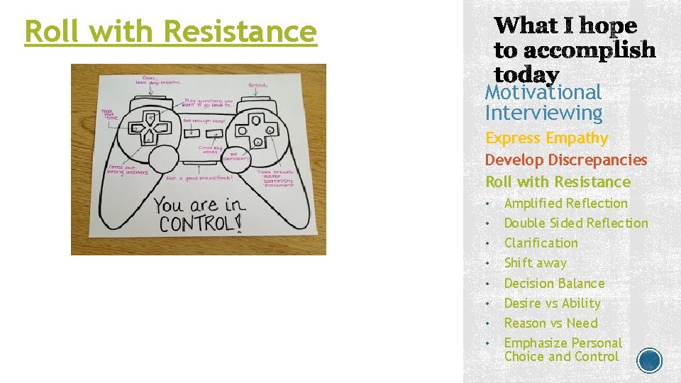 Roll with Resistance Motivational Interviewing Express Empathy Develop Discrepancies Roll with Resistance • • Roll with Resistance Motivational Interviewing Express Empathy Develop Discrepancies Roll with Resistance • •
