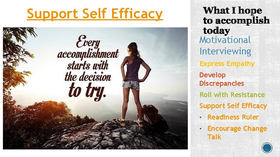 Support Self Efficacy Motivational Interviewing Express Empathy Develop Discrepancies Roll with Resistance Support Self Support Self Efficacy Motivational Interviewing Express Empathy Develop Discrepancies Roll with Resistance Support Self