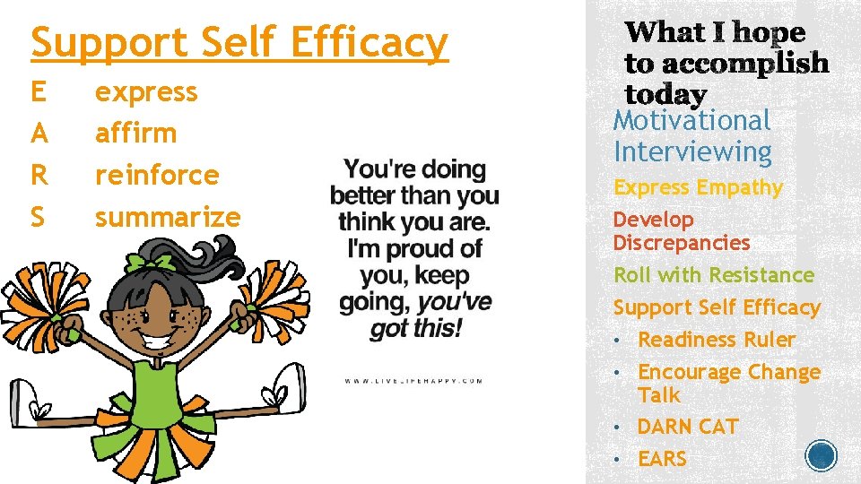 Support Self Efficacy E A R S express affirm reinforce summarize Motivational Interviewing Express Support Self Efficacy E A R S express affirm reinforce summarize Motivational Interviewing Express