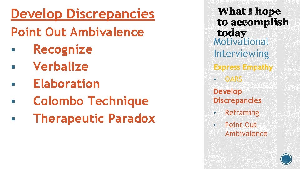 Develop Discrepancies Point Out Ambivalence § Recognize § Verbalize § Elaboration § Colombo Technique Develop Discrepancies Point Out Ambivalence § Recognize § Verbalize § Elaboration § Colombo Technique
