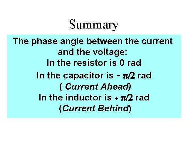 Summary The phase angle between the current and the voltage: In the resistor is