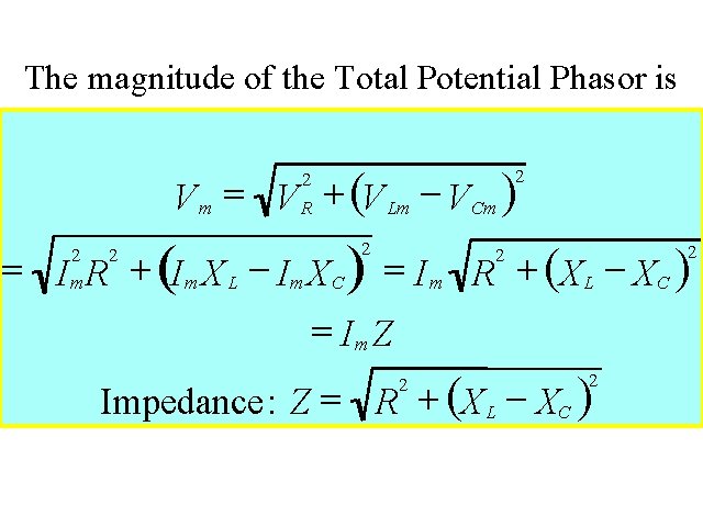 Impedance The magnitude of the Total Potential Phasor is V m = V +