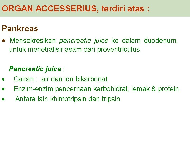 ORGAN ACCESSERIUS, terdiri atas : Pankreas · Mensekresikan pancreatic juice ke dalam duodenum, untuk