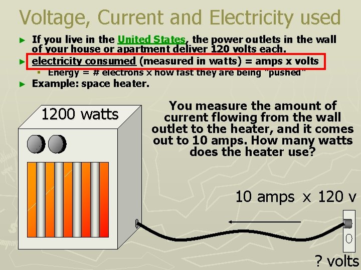 Voltage, Current and Electricity used If you live in the United States, the power