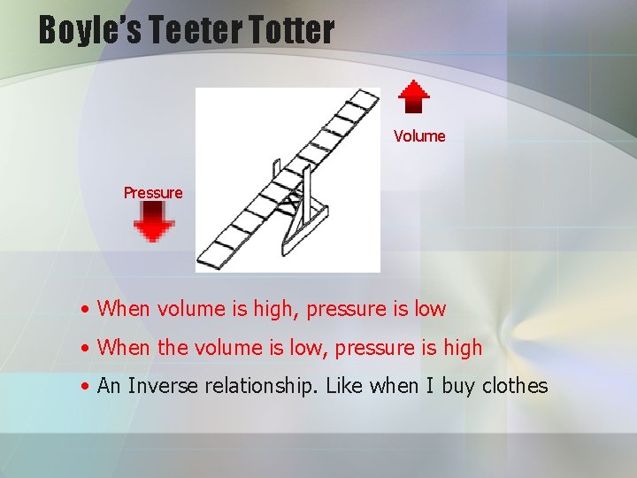 Boyle’s Teeter Totter Volume Pressure • When volume is high, pressure is low •
