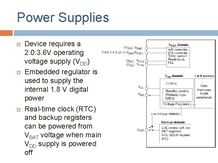 Power Supplies Device requires a 2. 0: 3. 6 V operating voltage supply (VDD)