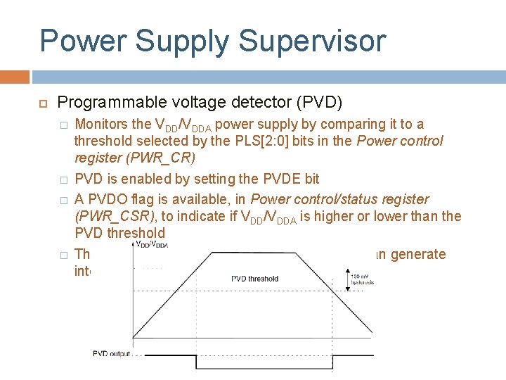 Power Supply Supervisor Programmable voltage detector (PVD) � � Monitors the VDD/VDDA power supply