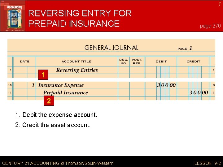 7 REVERSING ENTRY FOR PREPAID INSURANCE page 270 1 2 1. Debit the expense