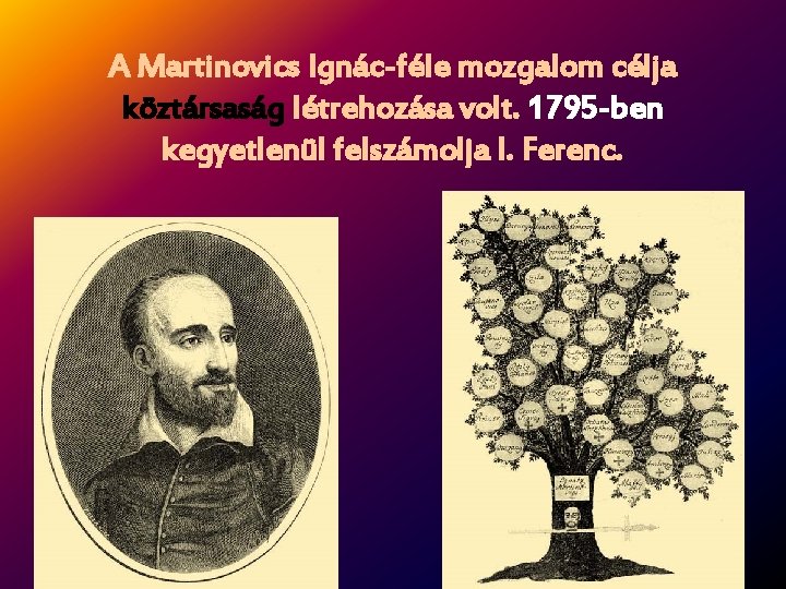 A Martinovics Ignác-féle mozgalom célja köztársaság létrehozása volt. 1795 -ben kegyetlenül felszámolja I. Ferenc.