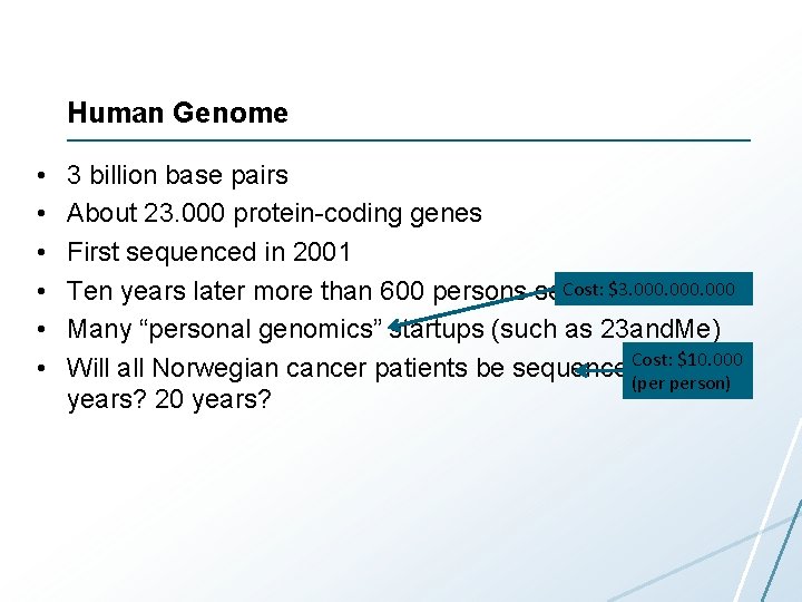Human Genome • • • 3 billion base pairs About 23. 000 protein-coding genes Human Genome • • • 3 billion base pairs About 23. 000 protein-coding genes