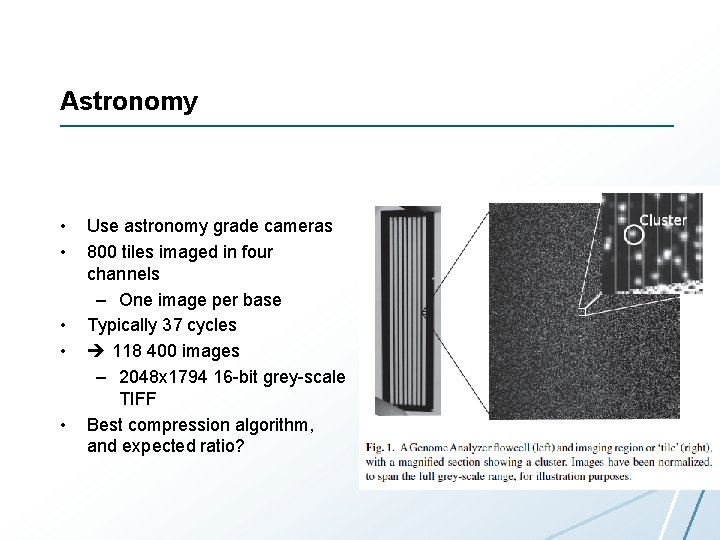 Astronomy • • • Use astronomy grade cameras 800 tiles imaged in four channels Astronomy • • • Use astronomy grade cameras 800 tiles imaged in four channels