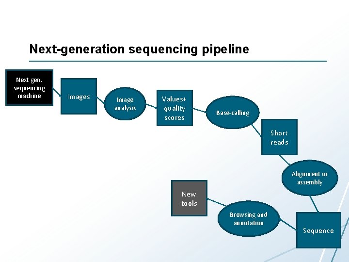 Next-generation sequencing pipeline Next gen. sequencing machine Images Image analysis Values+ quality scores Base-calling Next-generation sequencing pipeline Next gen. sequencing machine Images Image analysis Values+ quality scores Base-calling