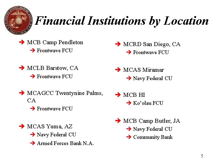 Financial Institutions by Location MCB Camp Pendleton Frontwave FCU MCLB Barstow, CA Frontwave FCU