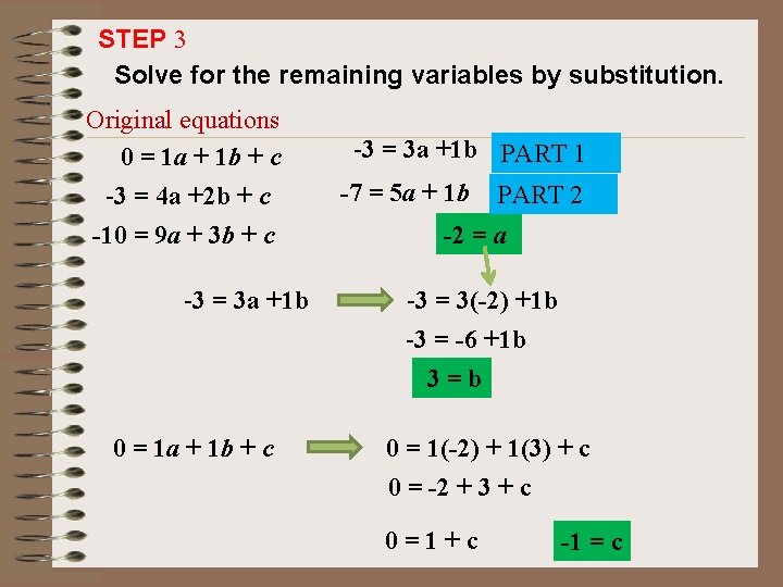 STEP 3 Solve for the remaining variables by substitution. Original equations 0 = 1