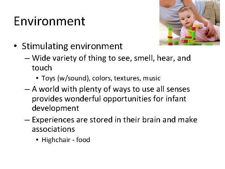 Environment • Stimulating environment – Wide variety of thing to see, smell, hear, and