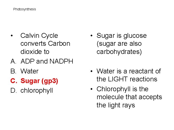 Photosynthesis • A. B. C. D. Calvin Cycle converts Carbon dioxide to ADP and