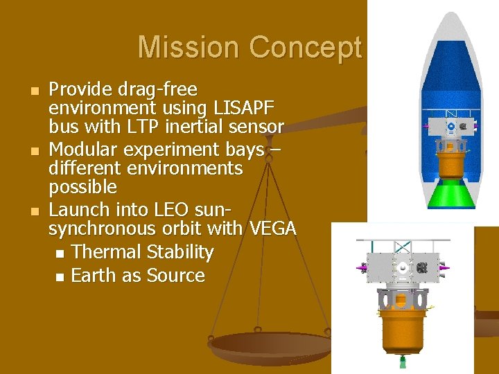 Mission Concept n n n Provide drag-free environment using LISAPF bus with LTP inertial