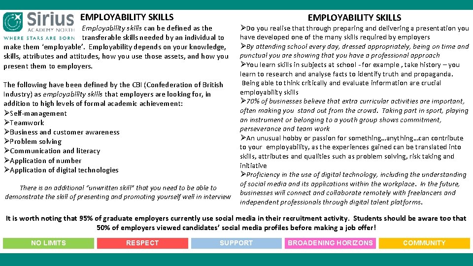 EMPLOYABILITY SKILLS Employability skills can be defined as the transferable skills needed by an