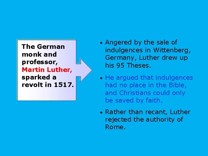 The German monk and professor, Martin Luther, sparked a revolt in 1517. • Angered