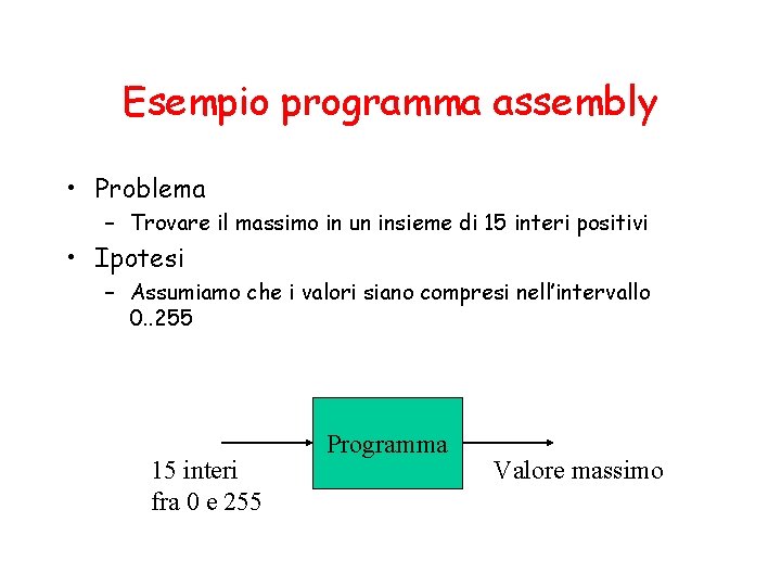 Esempio programma assembly • Problema – Trovare il massimo in un insieme di 15