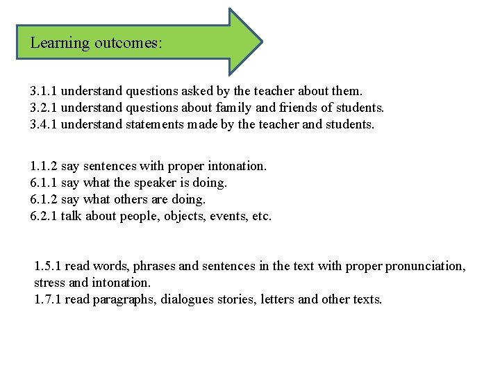 Learning outcomes: 3. 1. 1 understand questions asked by the teacher about them. 3.