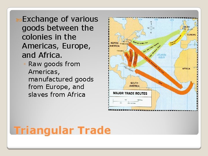  Exchange of various goods between the colonies in the Americas, Europe, and Africa.