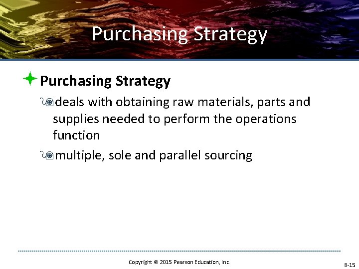 Purchasing Strategy ªPurchasing Strategy 9 deals with obtaining raw materials, parts and supplies needed Purchasing Strategy ªPurchasing Strategy 9 deals with obtaining raw materials, parts and supplies needed