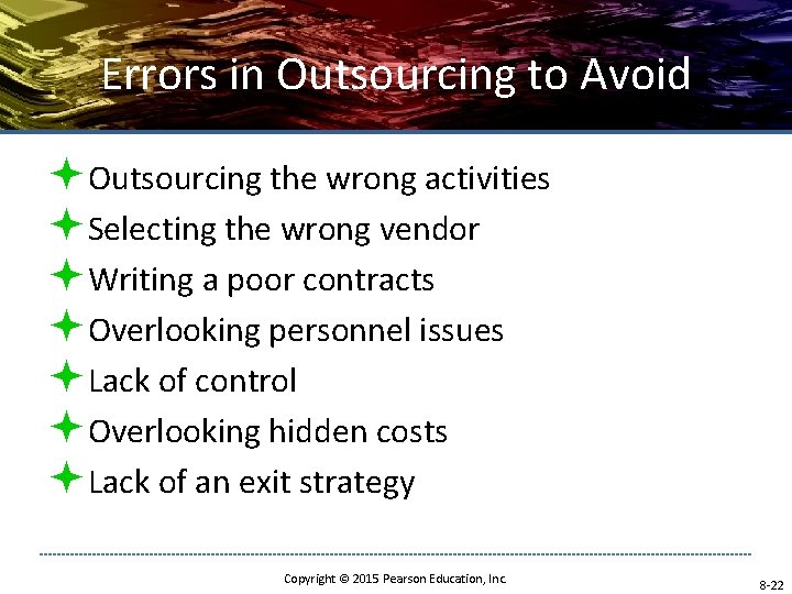 Errors in Outsourcing to Avoid ªOutsourcing the wrong activities ªSelecting the wrong vendor ªWriting Errors in Outsourcing to Avoid ªOutsourcing the wrong activities ªSelecting the wrong vendor ªWriting