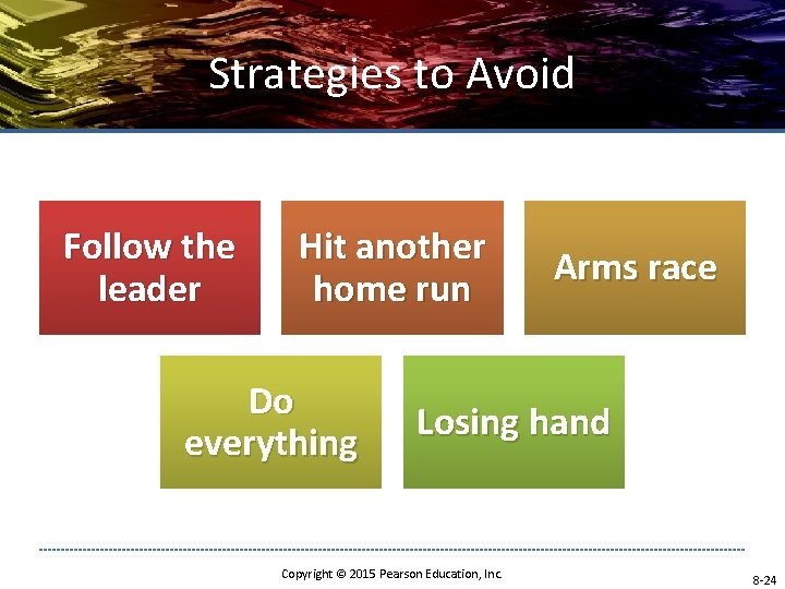 Strategies to Avoid Follow the leader Hit another home run Do everything Arms race Strategies to Avoid Follow the leader Hit another home run Do everything Arms race