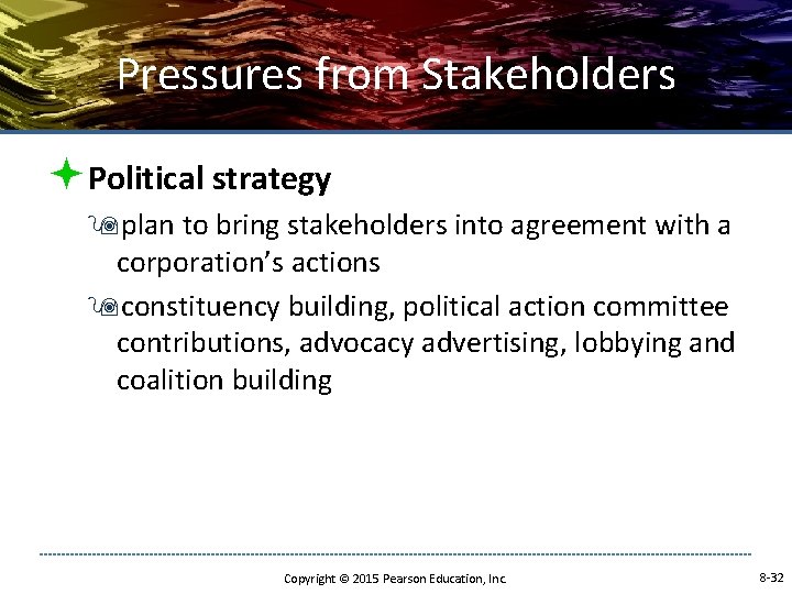 Pressures from Stakeholders ªPolitical strategy 9 plan to bring stakeholders into agreement with a Pressures from Stakeholders ªPolitical strategy 9 plan to bring stakeholders into agreement with a