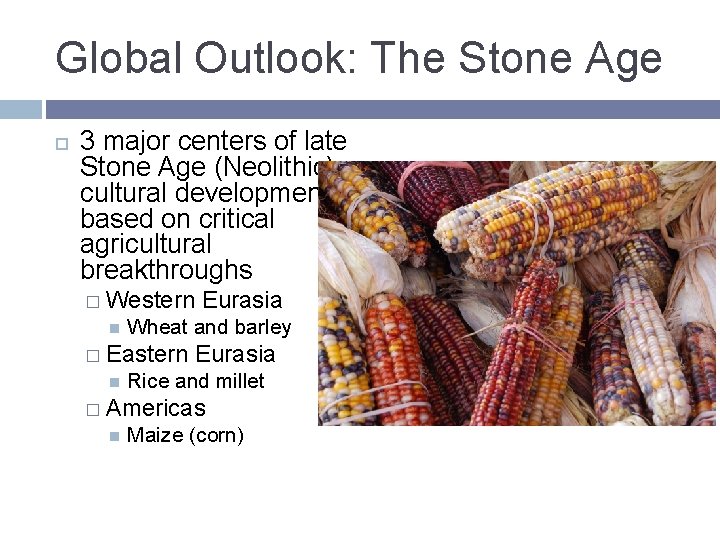 Global Outlook: The Stone Age 3 major centers of late Stone Age (Neolithic) cultural Global Outlook: The Stone Age 3 major centers of late Stone Age (Neolithic) cultural
