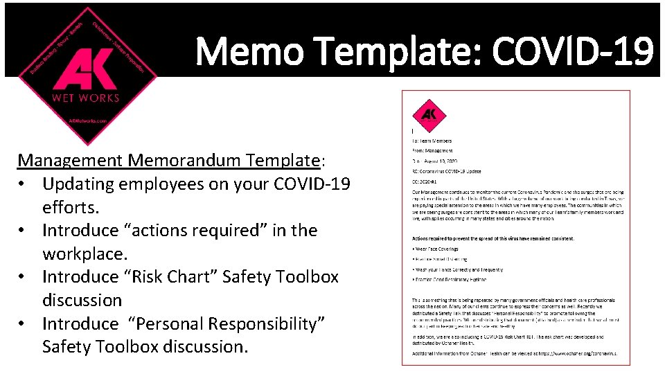Memo Template: COVID-19 Management Memorandum Template: • Updating employees on your COVID-19 efforts. •