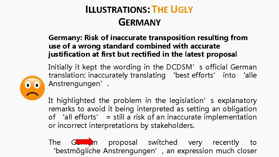 ILLUSTRATIONS: THE UGLY GERMANY Germany: Risk of inaccurate transposition resulting from use of a