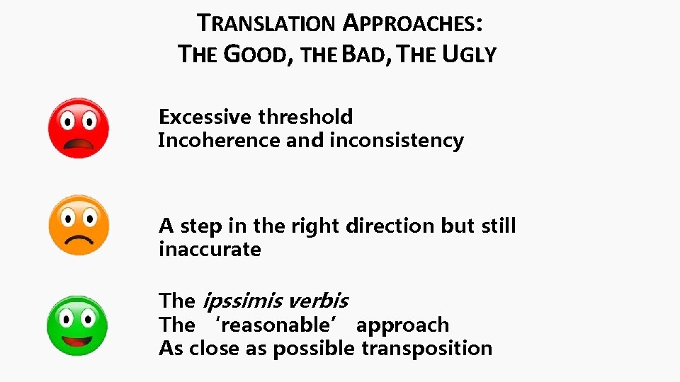 TRANSLATION APPROACHES: THE GOOD, THE BAD, THE UGLY Excessive threshold Incoherence and inconsistency A