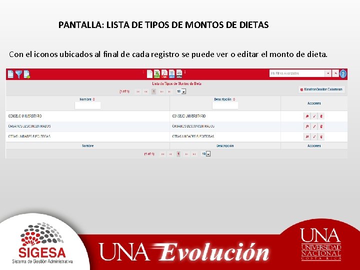 PANTALLA: LISTA DE TIPOS DE MONTOS DE DIETAS Con el iconos ubicados al final