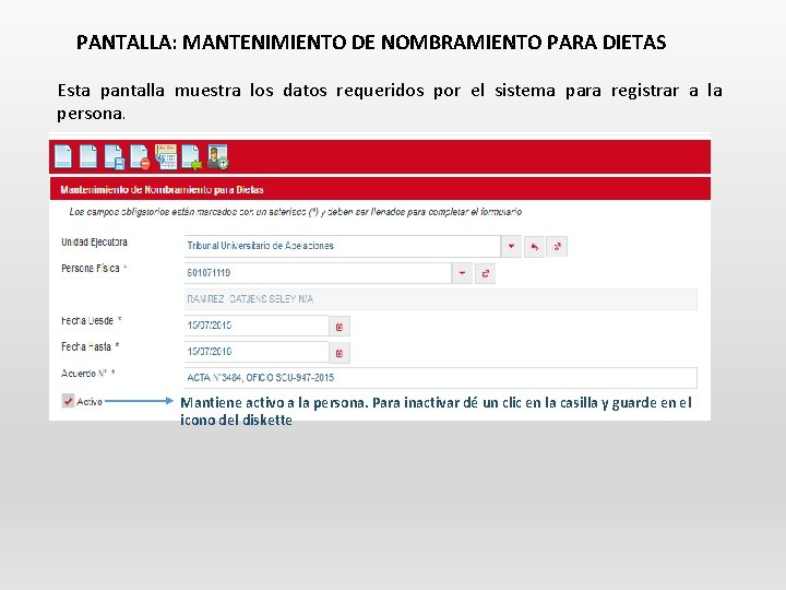 PANTALLA: MANTENIMIENTO DE NOMBRAMIENTO PARA DIETAS Esta pantalla muestra los datos requeridos por el