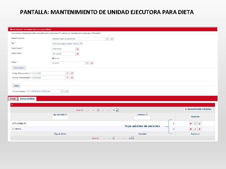 PANTALLA: MANTENIMIENTO DE UNIDAD EJECUTORA PARA DIETA Tope máximo de sesiones 