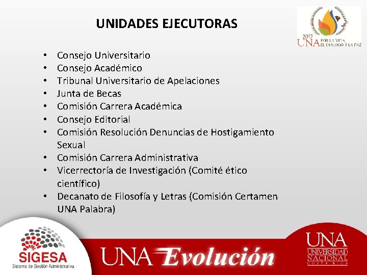 UNIDADES EJECUTORAS Consejo Universitario Consejo Académico Tribunal Universitario de Apelaciones Junta de Becas Comisión