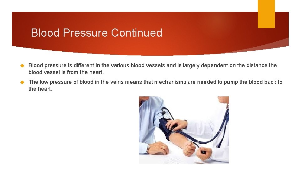 Blood Pressure Continued Blood pressure is different in the various blood vessels and is