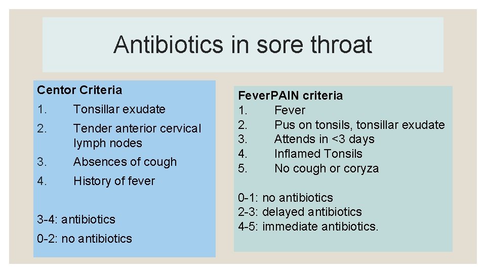 Antibiotics in sore throat Centor Criteria 1. Tonsillar exudate 2. Tender anterior cervical lymph