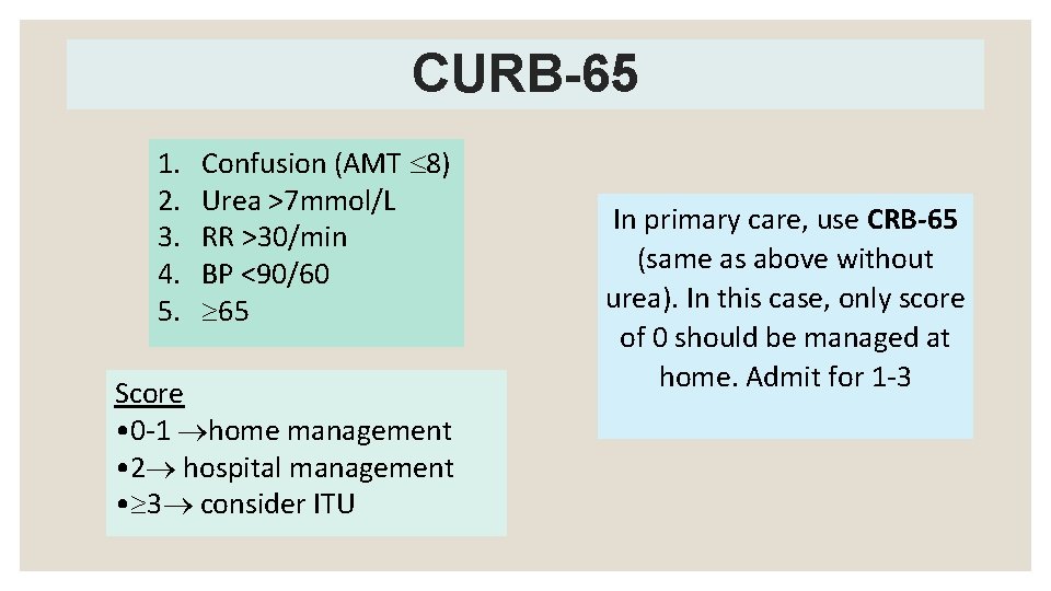 CURB-65 1. 2. 3. 4. 5. Confusion (AMT 8) Urea >7 mmol/L RR >30/min