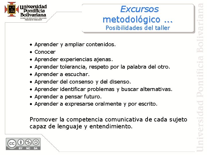 Excursos metodológico. . . Posibilidades del taller • • • Aprender Conocer Aprender Aprender