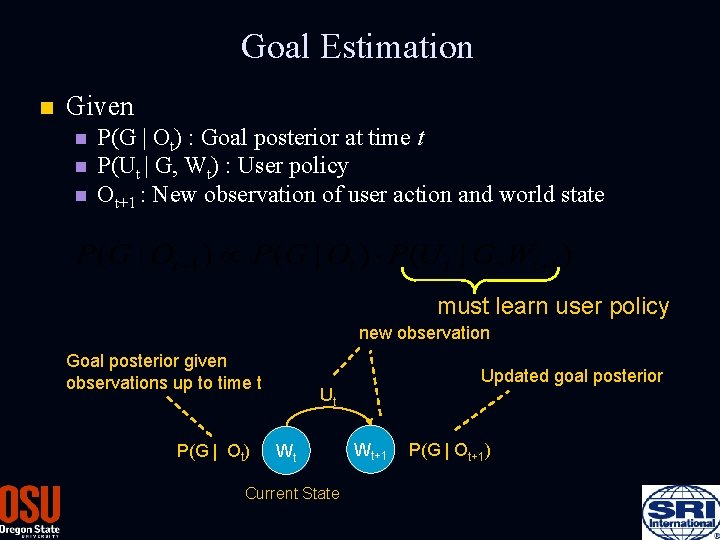Goal Estimation n Given n P(G | Ot) : Goal posterior at time t