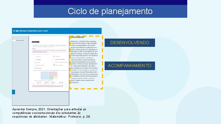 Ciclo de planejamento DESENVOLVENDO ACOMPANHAMENTO Aprender Sempre, 2021. Orientações para articular as competências socioemocionais