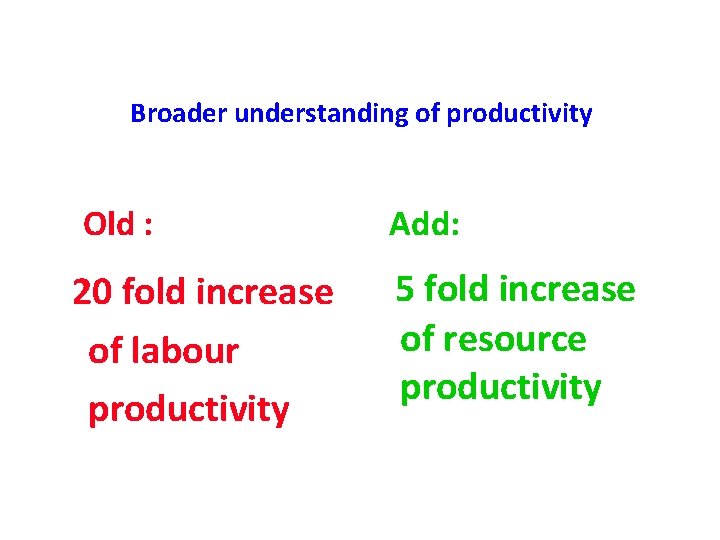 Broader understanding of productivity Old : 20 fold increase of labour productivity Add: 5