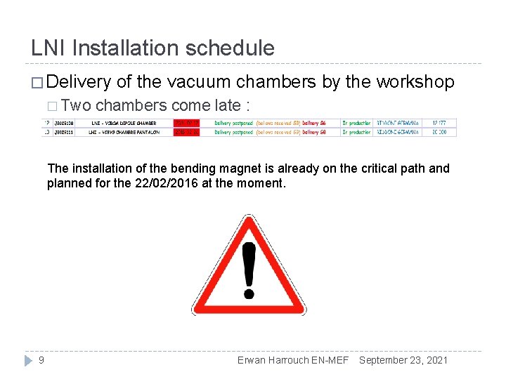 LNI Installation schedule � Delivery � Two of the vacuum chambers by the workshop